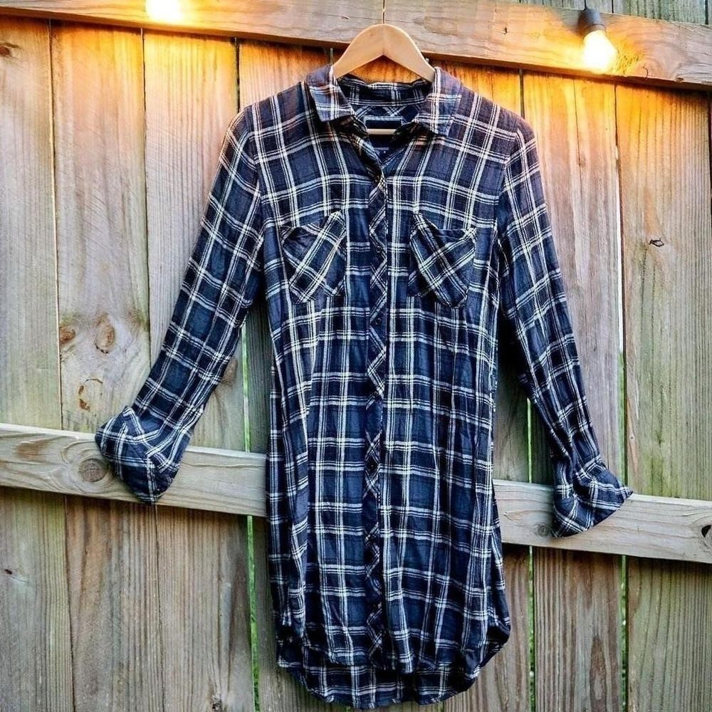 Plaid Flannel Navy Black Skater Indie Grunge Button Front Womens Top